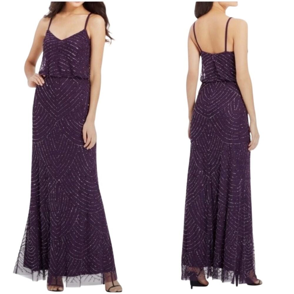 Adrianna Papell Beaded Blouson Gown Maxi Dress V Neck Art Deco Amethyst Purple 8